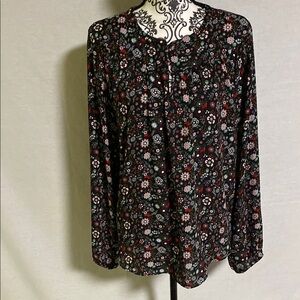 LOFT Black Floral Long-Sleeve Blouse